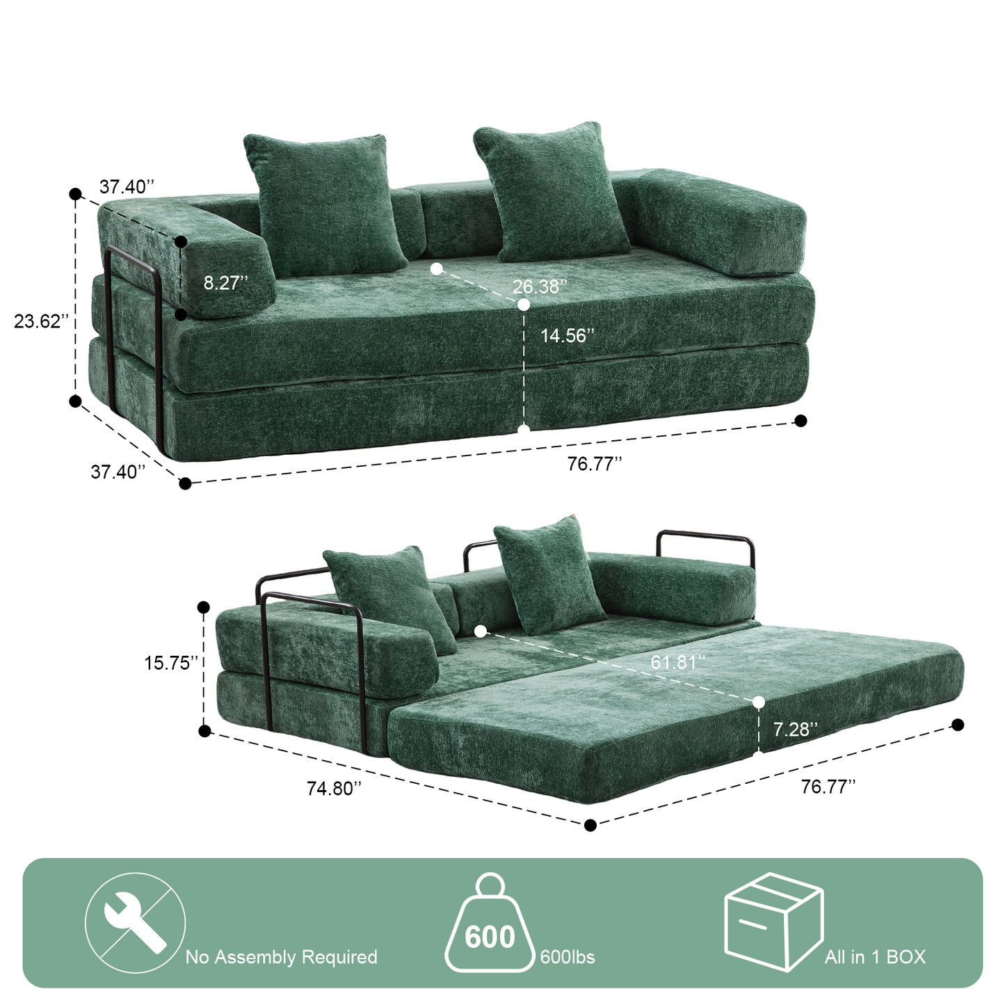 NEW Dark Green Chenille Fabric Floor Compression Convertible Sofa Bed