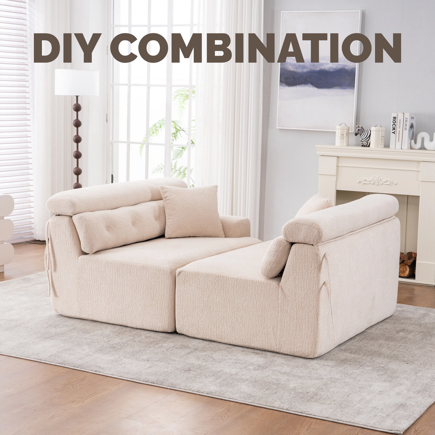 NEW LY-029 Apricot Compression Sofa 4-seater Wood Grain Chenille Fabric Couch with Two Pillows