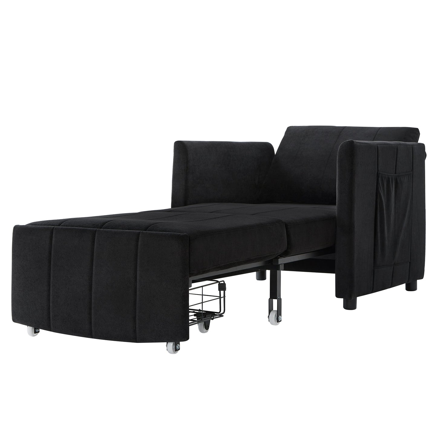 NEW Black Chenille Upholstered Convertible Sleeper Sofa with 5-Position Backrest Side Pockets Storage