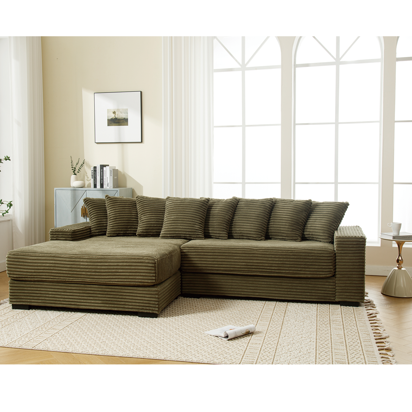 NEW NEW ARRIVED] [VIDEO PROVIDED] Oversized Two-Piece Couches, L Shaped Sofa, Corduroy, Left Chaise Daybed,with Armrests,Eight Throw Pillows,Corner Sofa,Easy To Assemble, Green