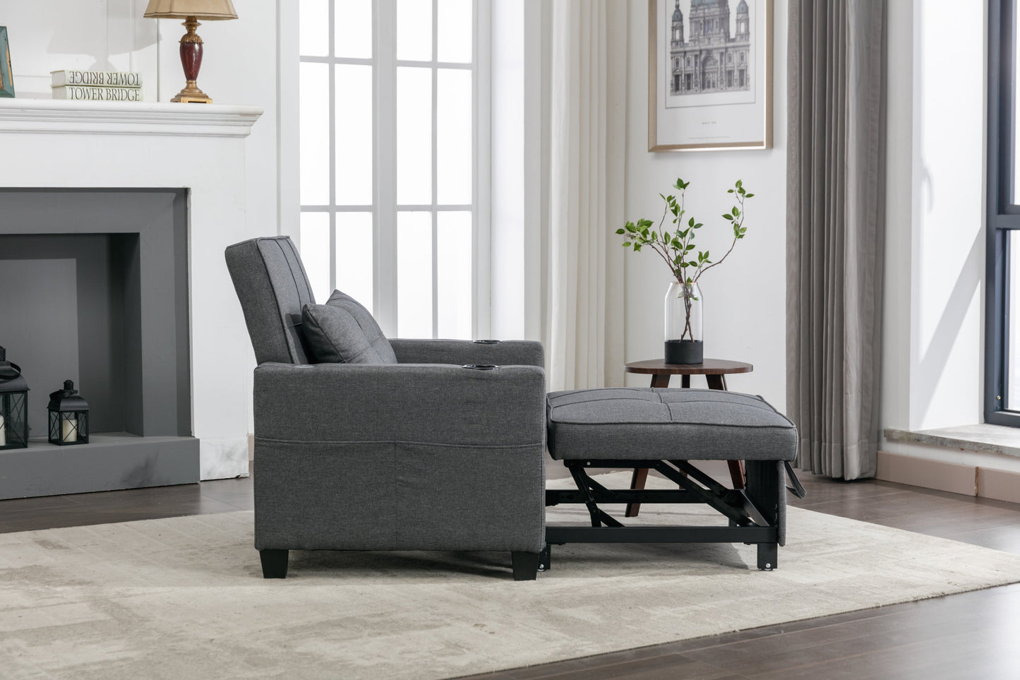 NEW Dark Grey Linen Futon Bed Convertible Chair 3-in-1 Pull Out Sleeper