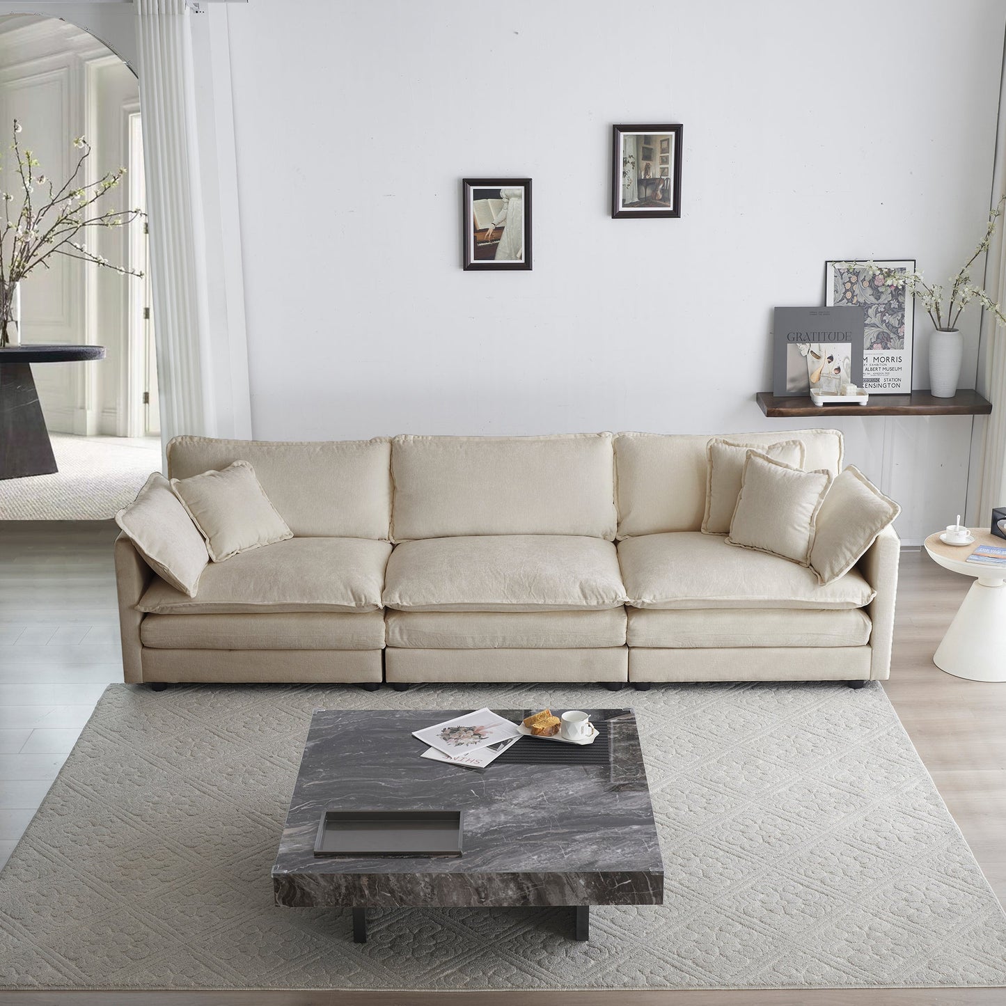 NEW Mid-Century Modern Beige Chenille Couch 3-Seater Sofa with 2 Armrest Pillows and 3 Toss Pillows