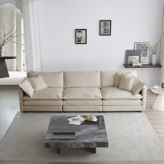 NEW Mid-Century Modern Beige Chenille Couch 3-Seater Sofa with 2 Armrest Pillows and 3 Toss Pillows