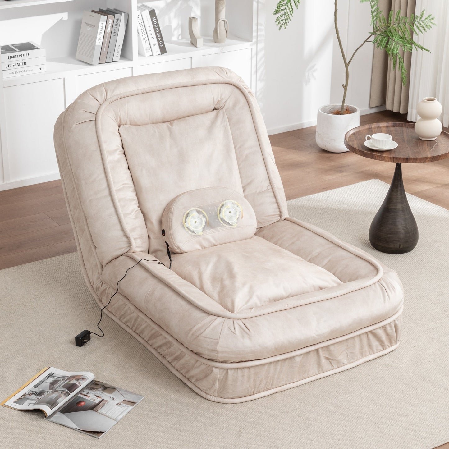 NEW 5 Adjustable Position Beige Velvet with Foam and Iron Upholstered Dog Bed for Adults and Pets - Bean Bag Floor Sofa with Massage Pillow & 2 Soft Pillows