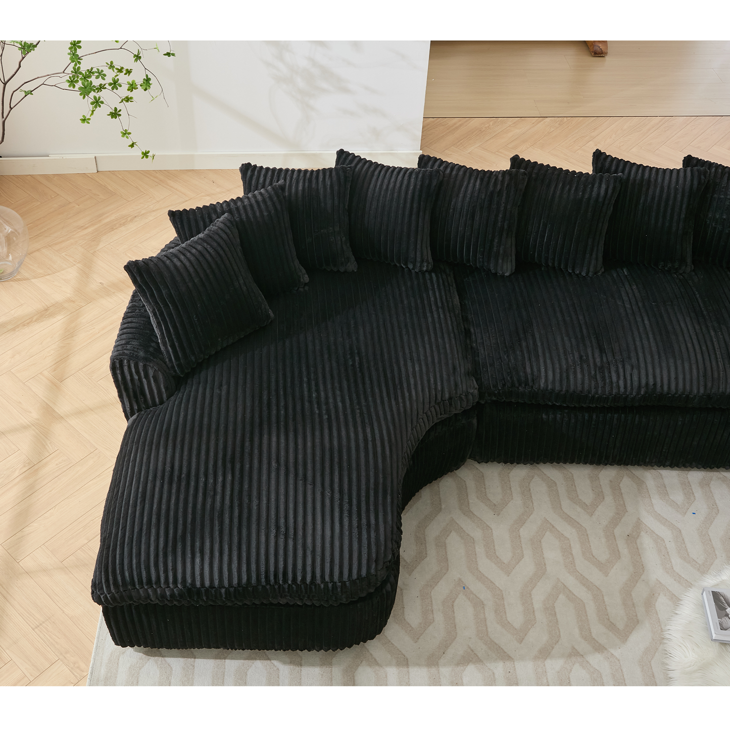 NEW 127''  Large Sectional Sofa ,Elegant Curved Design ,High-Resilience Foam ,Ten Back Cushions,L-Shape Left Sofa,No Assembly  Required , (Black-Soft Corduroy Fabric)