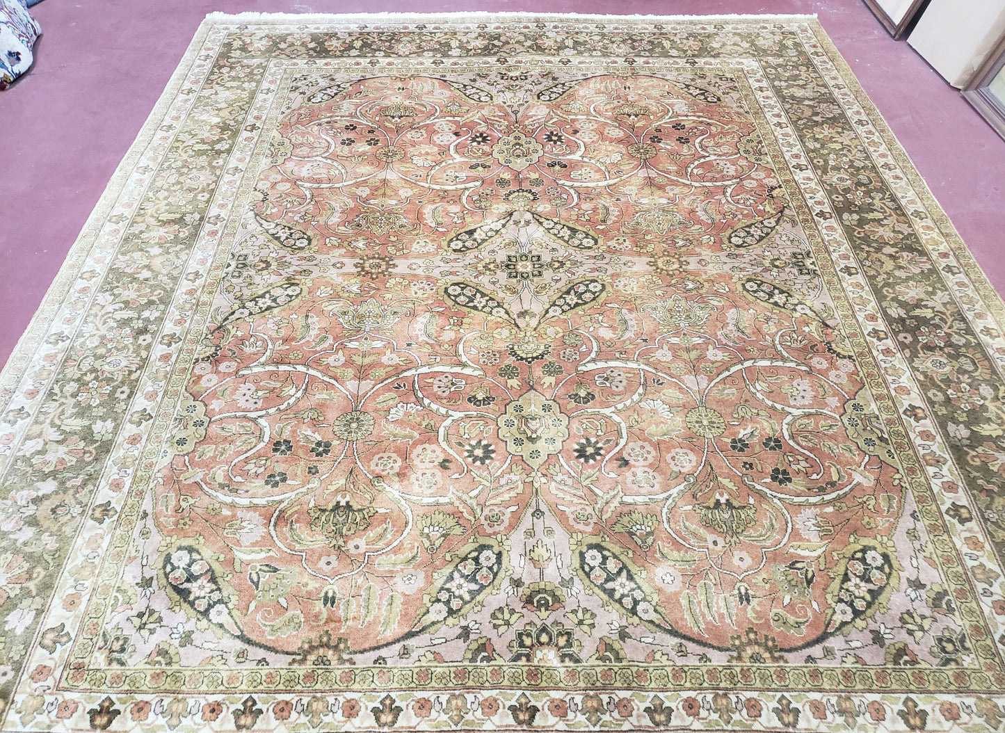 USED Indo Persian Rug 8x10, Vintage Indian Rug 8 x 10, Fine Hand-Knotted Wool Rug, Rose Clay Red Beige Brown Handmade Area Rug, Floral Medallion