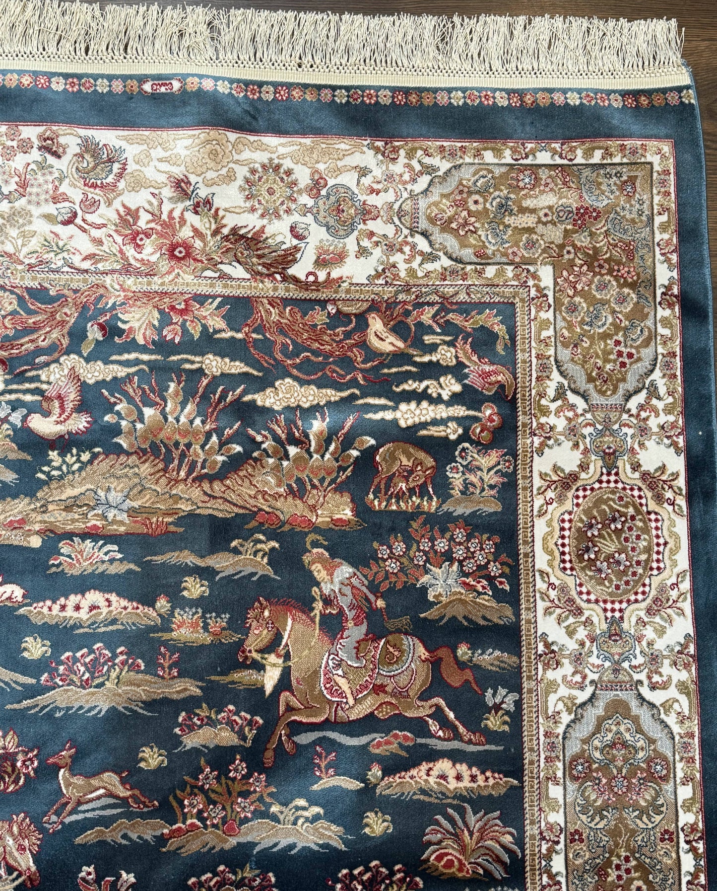 NEW Turkish Silk Hunting Design Rug 4x6, Dark Steel Blue & Ivory, Bamboo Silk