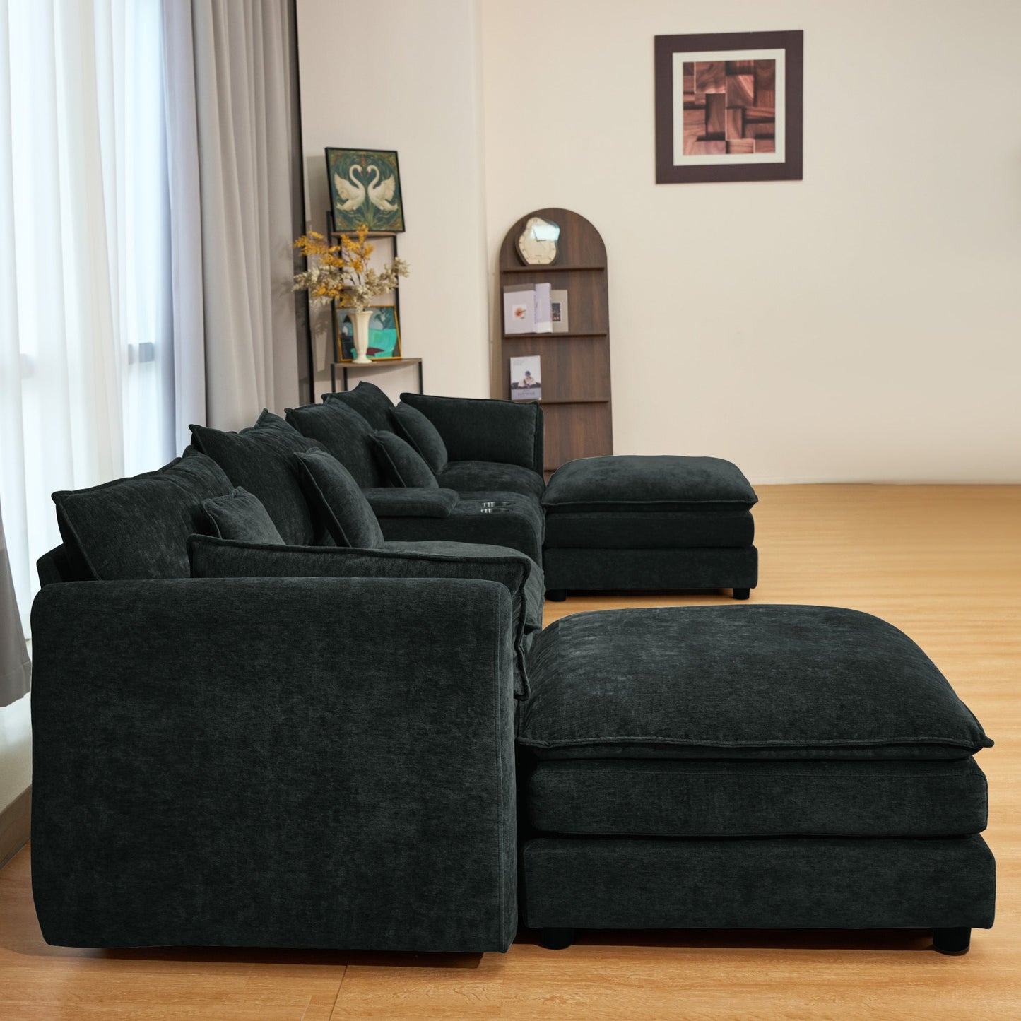 NEW Black U Shaped Sectional Cloud Couch Comfy Fluffy 6 Seat Sectional Modular Sofa with Movable Ottoman Console Cup Holders