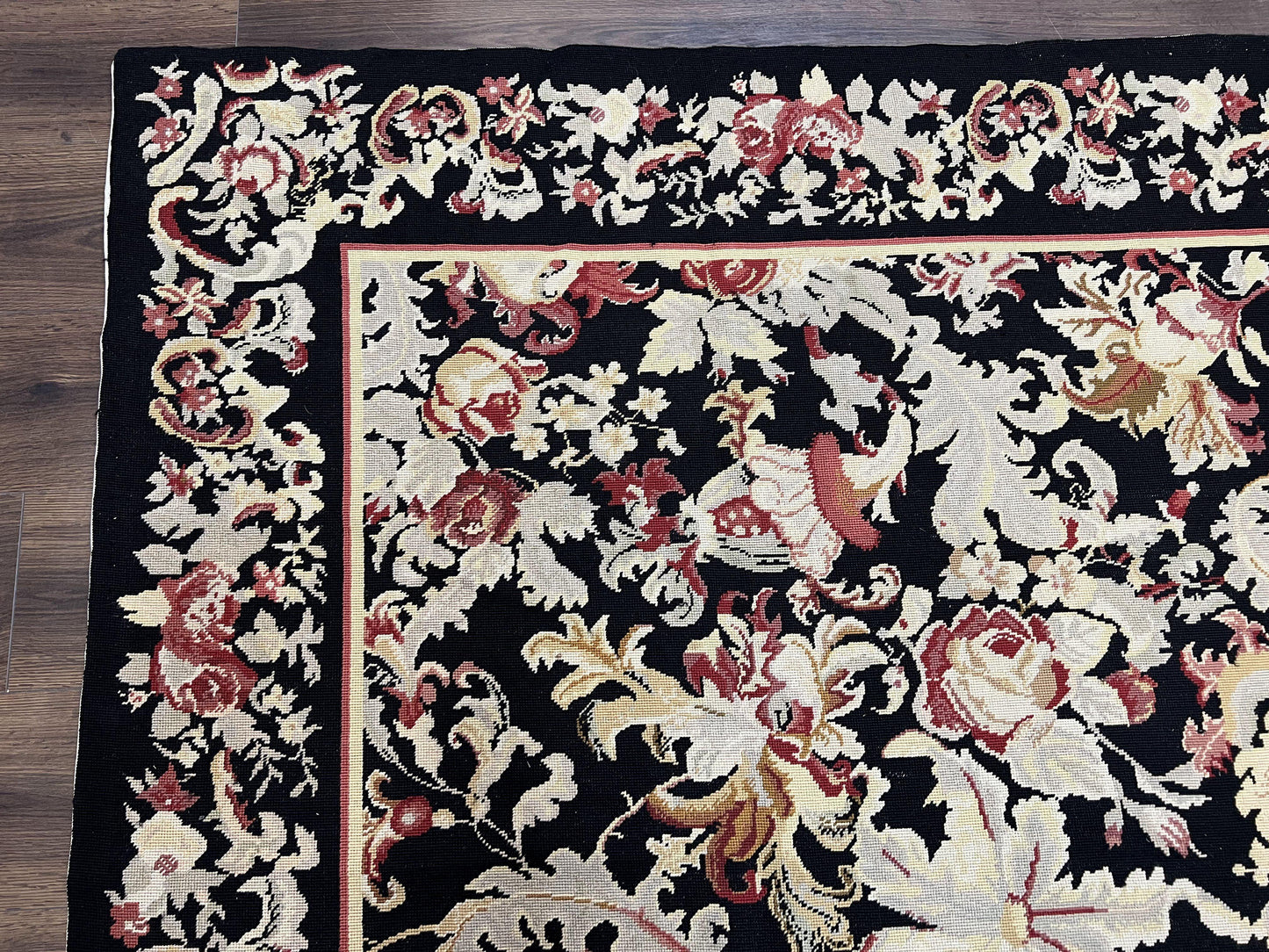 USED Wool Needlepoint Rug 9x12, William Morris Vintage Chinese Needlepoint Carpet 9 x 12, Handwoven, Allover Floral Area Rug, Black Light Green