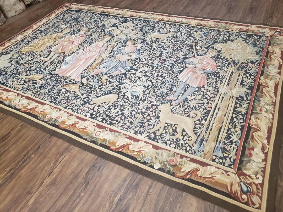 USED Vintage European Tapestry 5.4 x 7.11, Antique Style European Wall Hanging, Aubusson Weave Handmade Tapestry, Courtship Dating Scene, Animals
