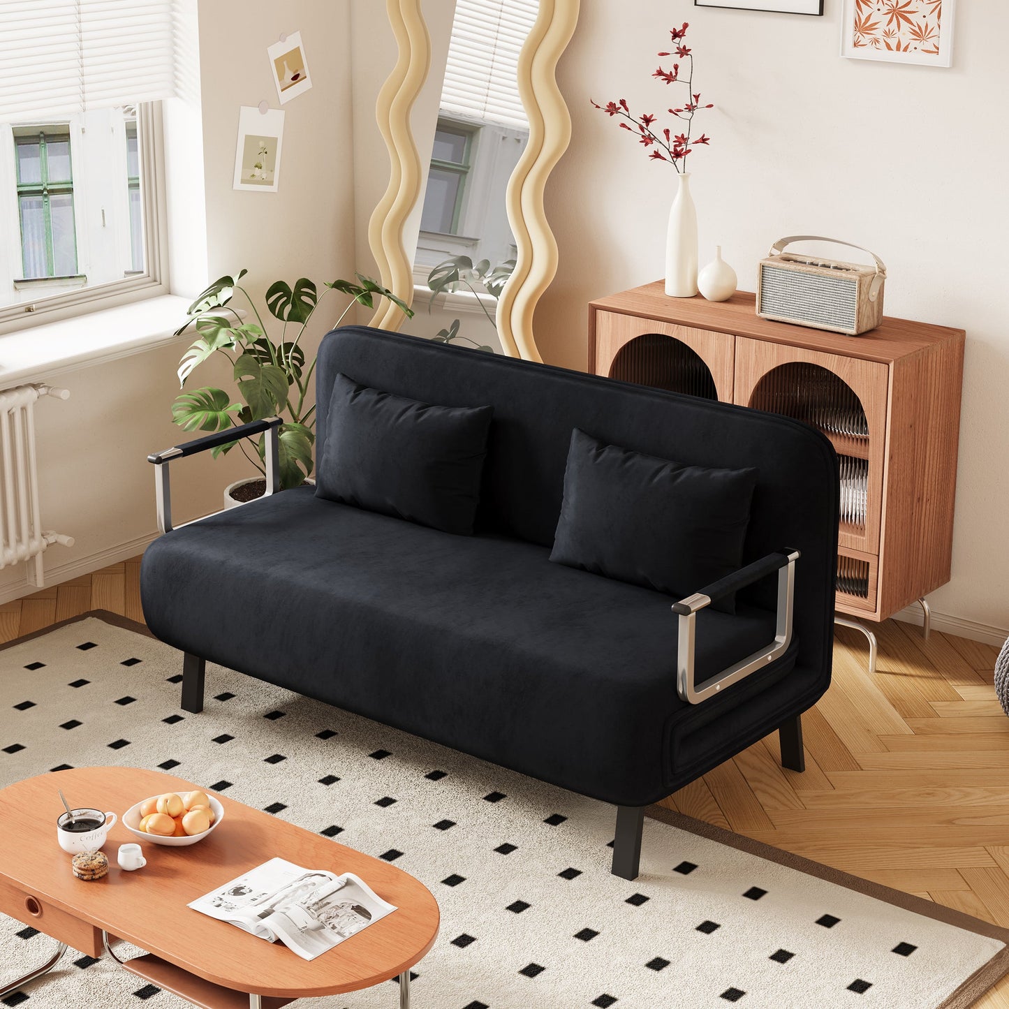 NEW Velvet Black 55″ Convertible Chair Tri-Fold Sofa Bed Leisure Chaise Lounge Couch Sleeper with with Adjustable Backrest Pillow and Sturdy Steel Frame