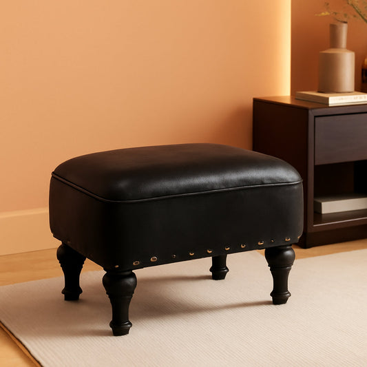 NEW Black Leather Ottoman Footstool With Thick Padded Foam