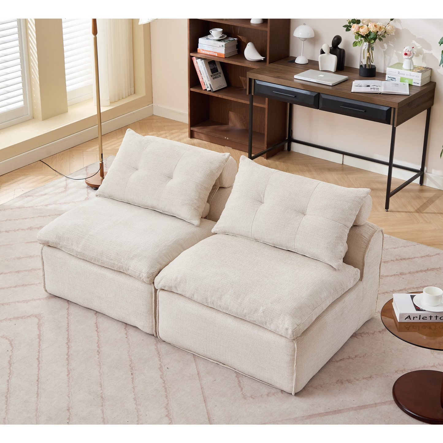 NEW Modular Sofa,No Armrests,At will DIY,Soft Chenille Fabric,Neck Pillow-Back Lounge Sofa Chair,Reading Nook, or Apartment Living, Lumbar Pillow,2 Seats,Upholstered,Beige