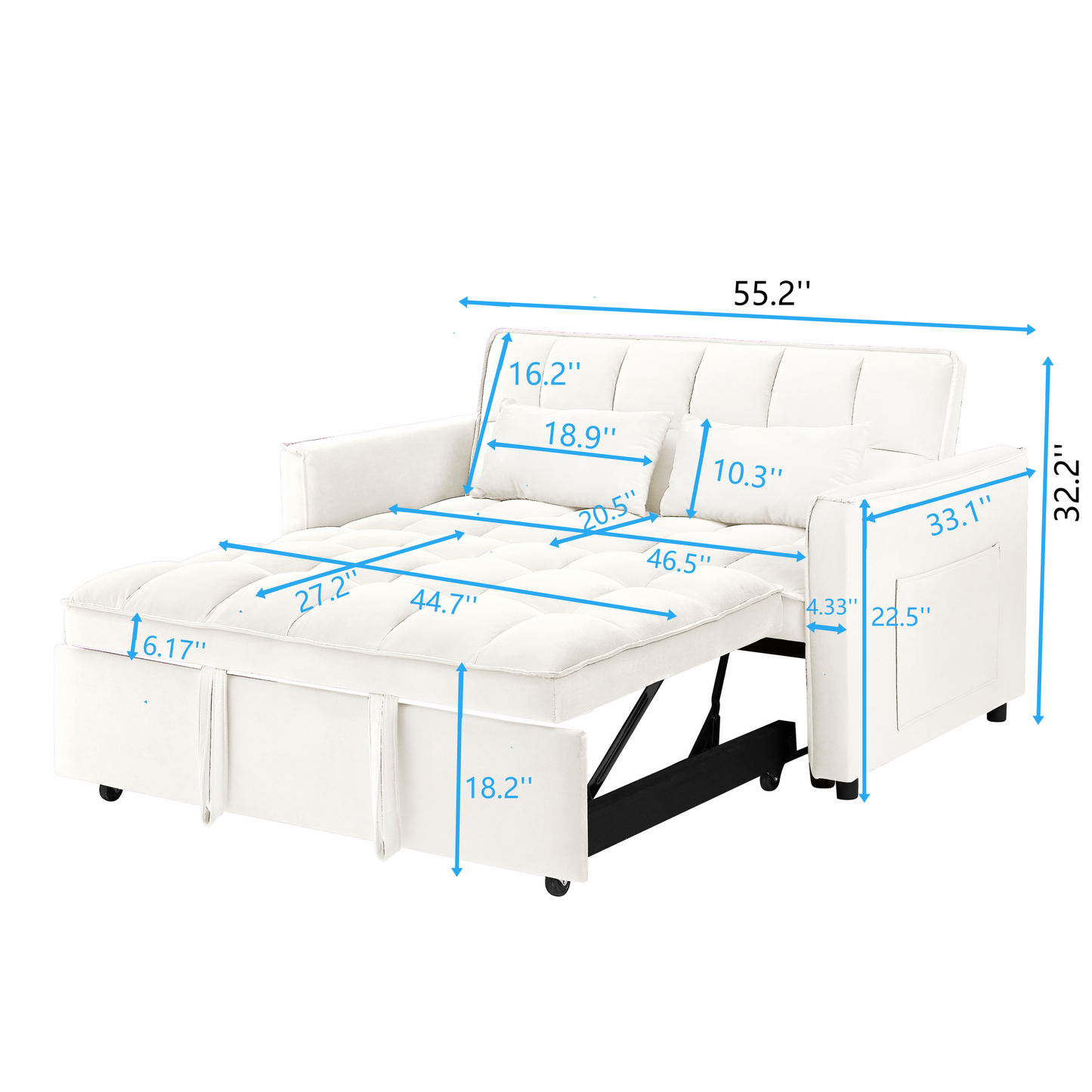 NEW 55.1-inch 3-in-1 Off White Convertible Modern Velvet Double Sofa Futon Bed with Adjustable Back Storage Bag and Pillow