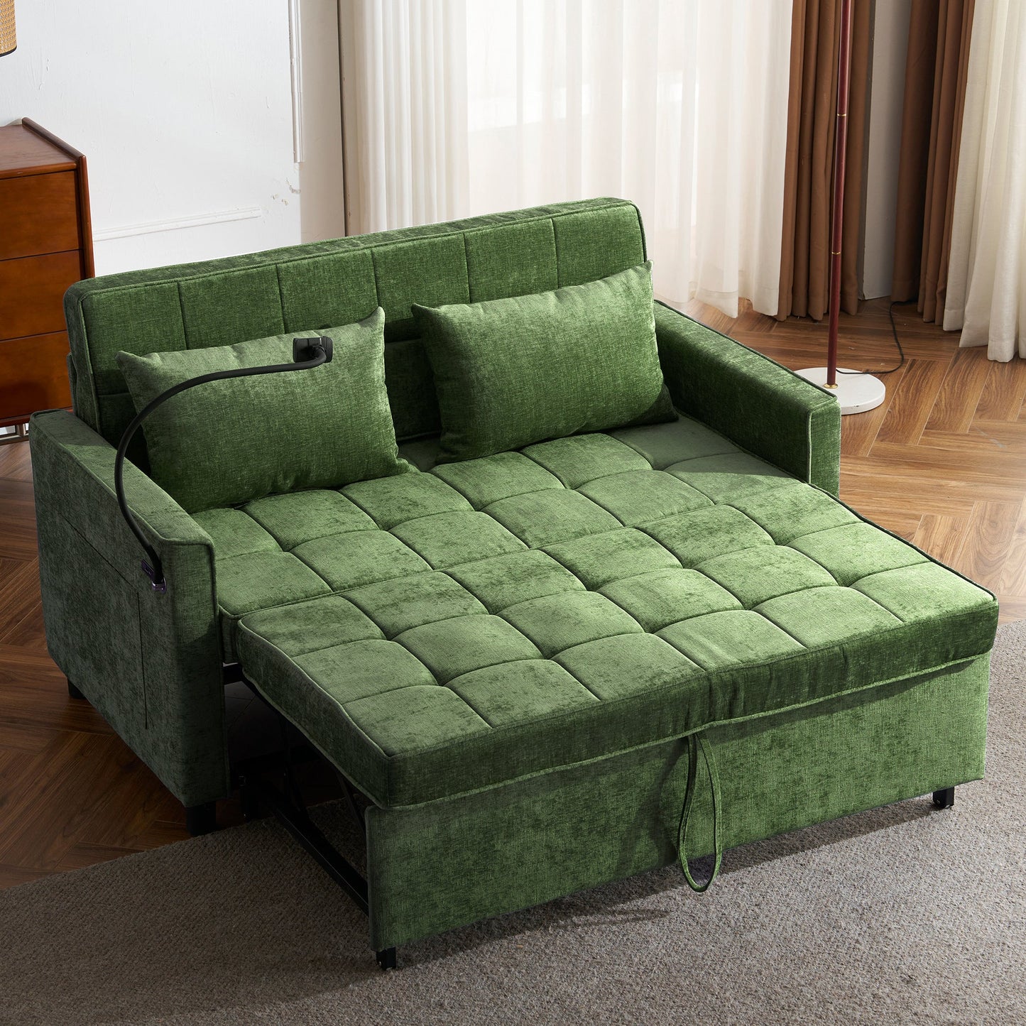 NEW 56.9' Convertible Loveseat Sofa Bed with Adjustable Backrest, USB Ports, Phone Holder, Side Pockets, Green Chenille,