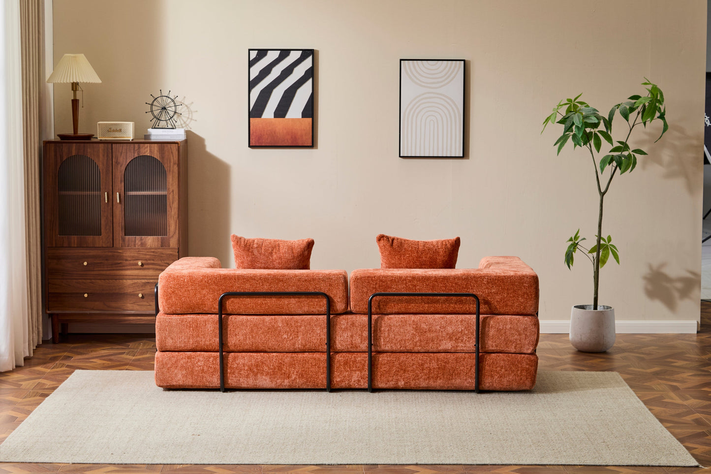 NEW Orange Chenille Fabric Comfy Futon Couch Lounge Sleeper Compression Convertible Floor Sofa Bed Couch with Pillow Back Support Armrest Bed