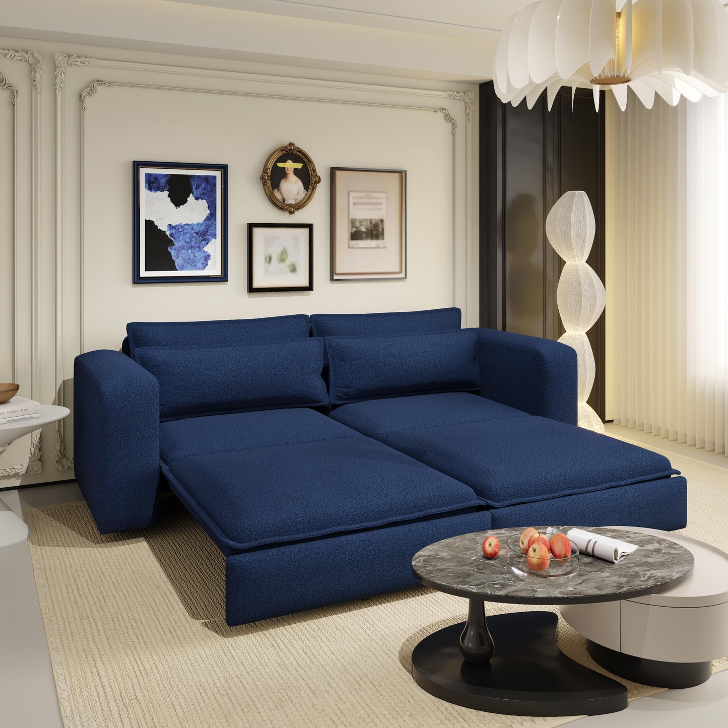 NEW 93' King Size Sleeper Sofa Bed, Pull Out Sofa Bed, 3 in 1 Convertible Sleeper Sofa, Chaise Lounge,3 Seat Teddy Couch with 2 Lumbar Pillows for Living Room, Apartment, Office, Studies,Blue