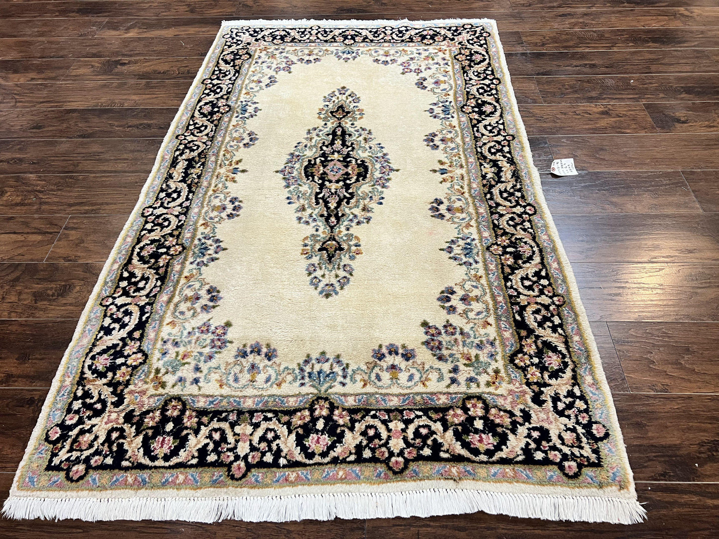 USED Persian Kirman Rug 4x7, Wool Hand Knotted Antique Carpet, Beige, Semi Open Field Medallion Rug, Traditional Handmade Oriental Rug