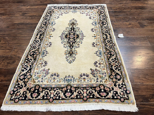 USED Persian Kirman Rug 4x7, Wool Hand Knotted Antique Carpet, Beige, Semi Open Field Medallion Rug, Traditional Handmade Oriental Rug