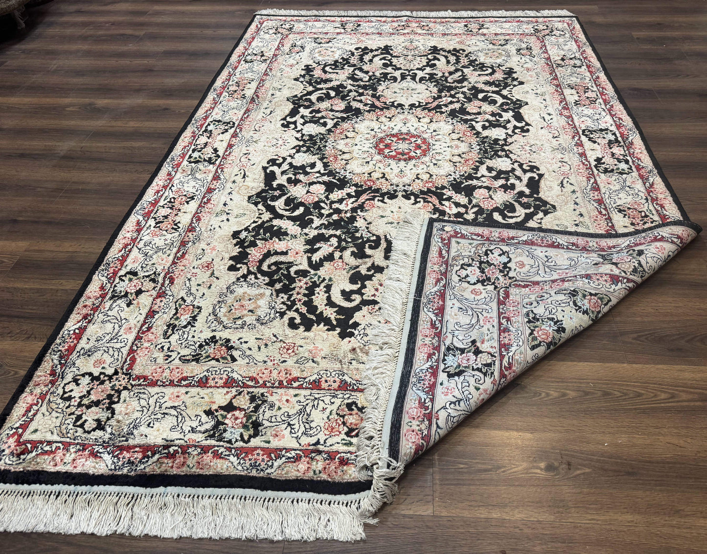 USED Indian Kashmiri Silk Rug, Floral Medallion, Vintage Hand Knotted Carpet