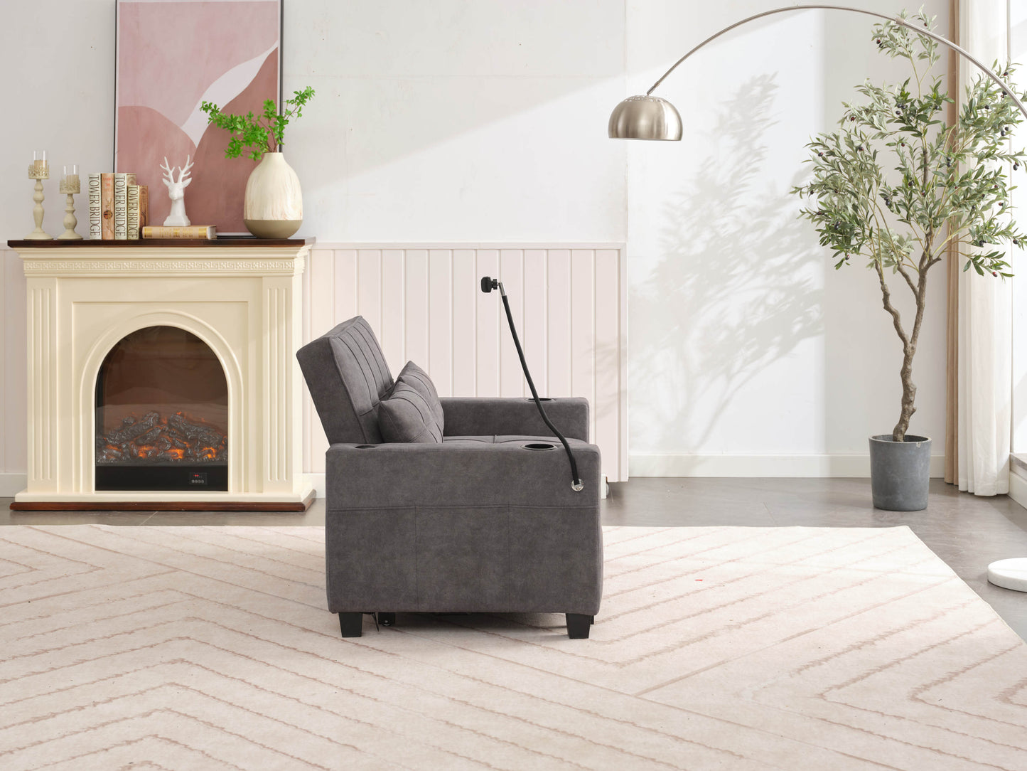 NEW Dark Grey Cloth Fabric 2 Seater Loveseat Recliner Sofa Bed with Adjustable Backrest USB and Cupholders