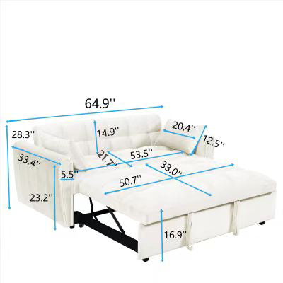 NEW 65'3-in-1 foldable large size sofa bed, modern velvet double sofa, sofa bed with adjustable back, storage bag and pillow, suitable for living room, bedroom (beige)