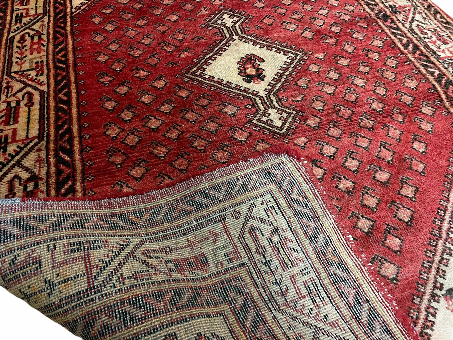 USED 4 X 6.5 Antique Handmade Wool Rug Paisley Boteh Design Tribal Rug Red Ivory