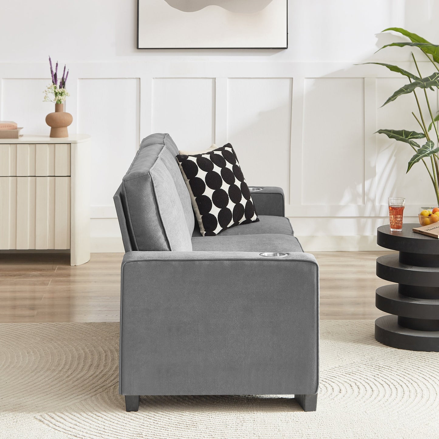 NEW Modern Snow Fleece Fabric 3-Seater Sofa with Cup Holders in Gray