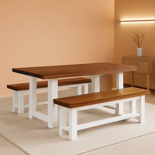 NEW 47 Inch Dining Table Set For 4 With 2 Benches Farmhouse White And Rustic Brown