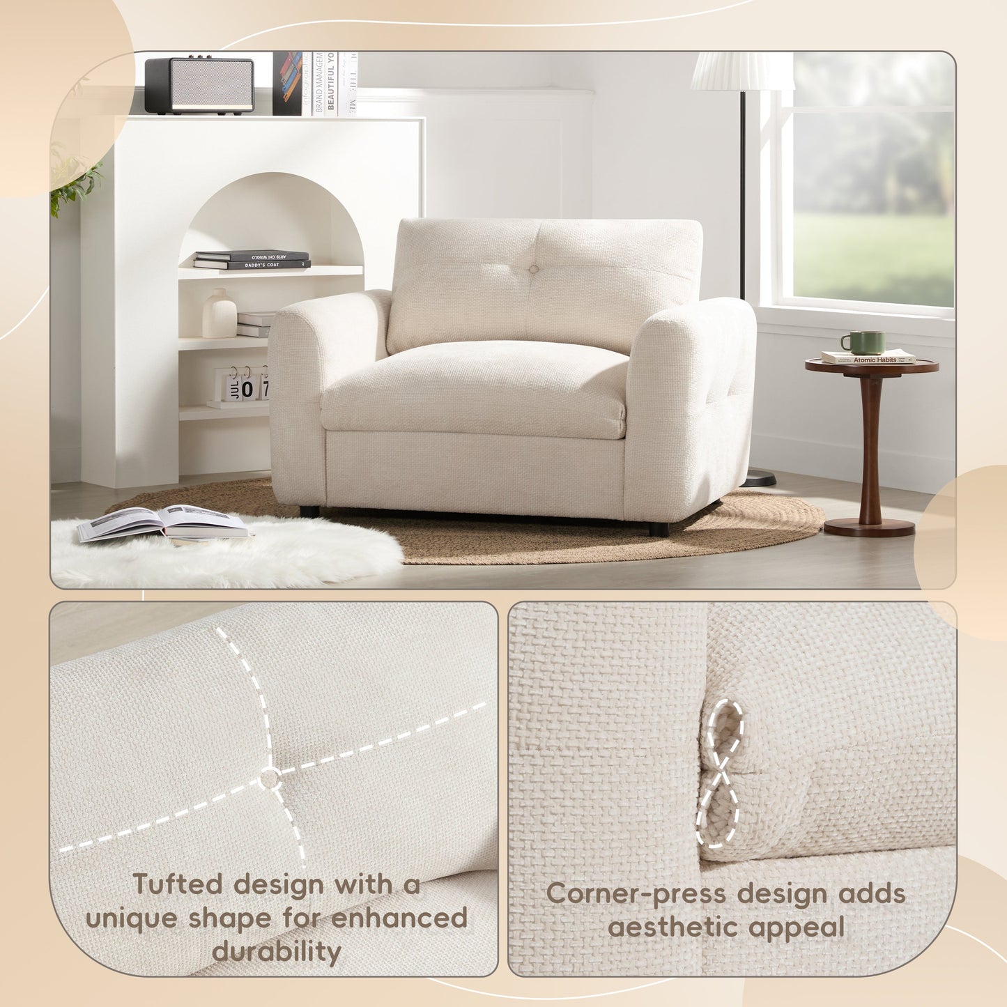 NEW 42*33' Single Sofa, Armchair with Wide Seat, Dual-port Charger, Pull-line & Tufted Design, High-density Foam, Suitable for Living Room & Apartment, Chenille, 2 Colors