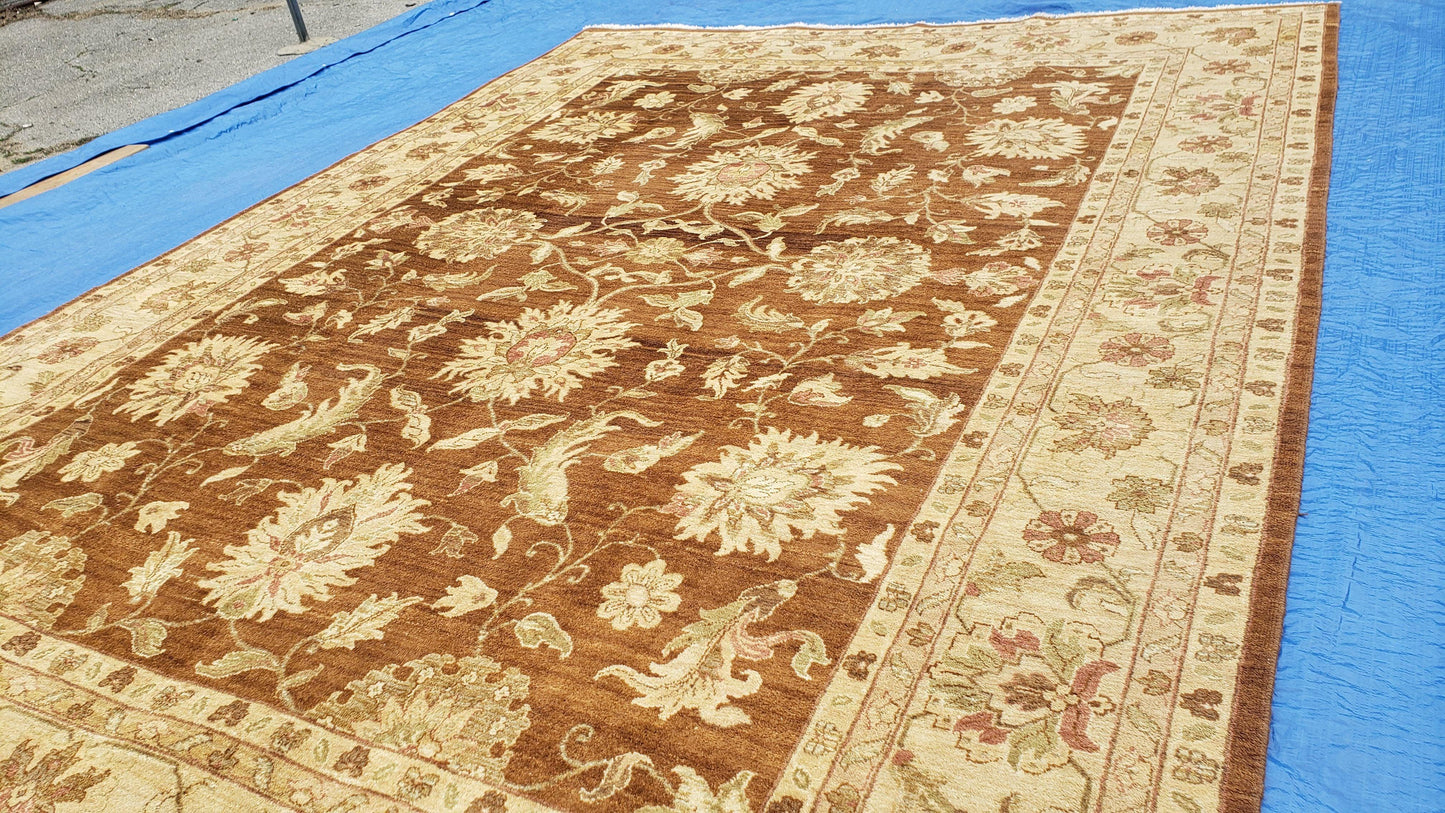 USED Indo Persian Rug 10x14, Mahal Sultanabad Oriental Carpet, Burnt Orange & Beige, Handmade Wool Area Rug