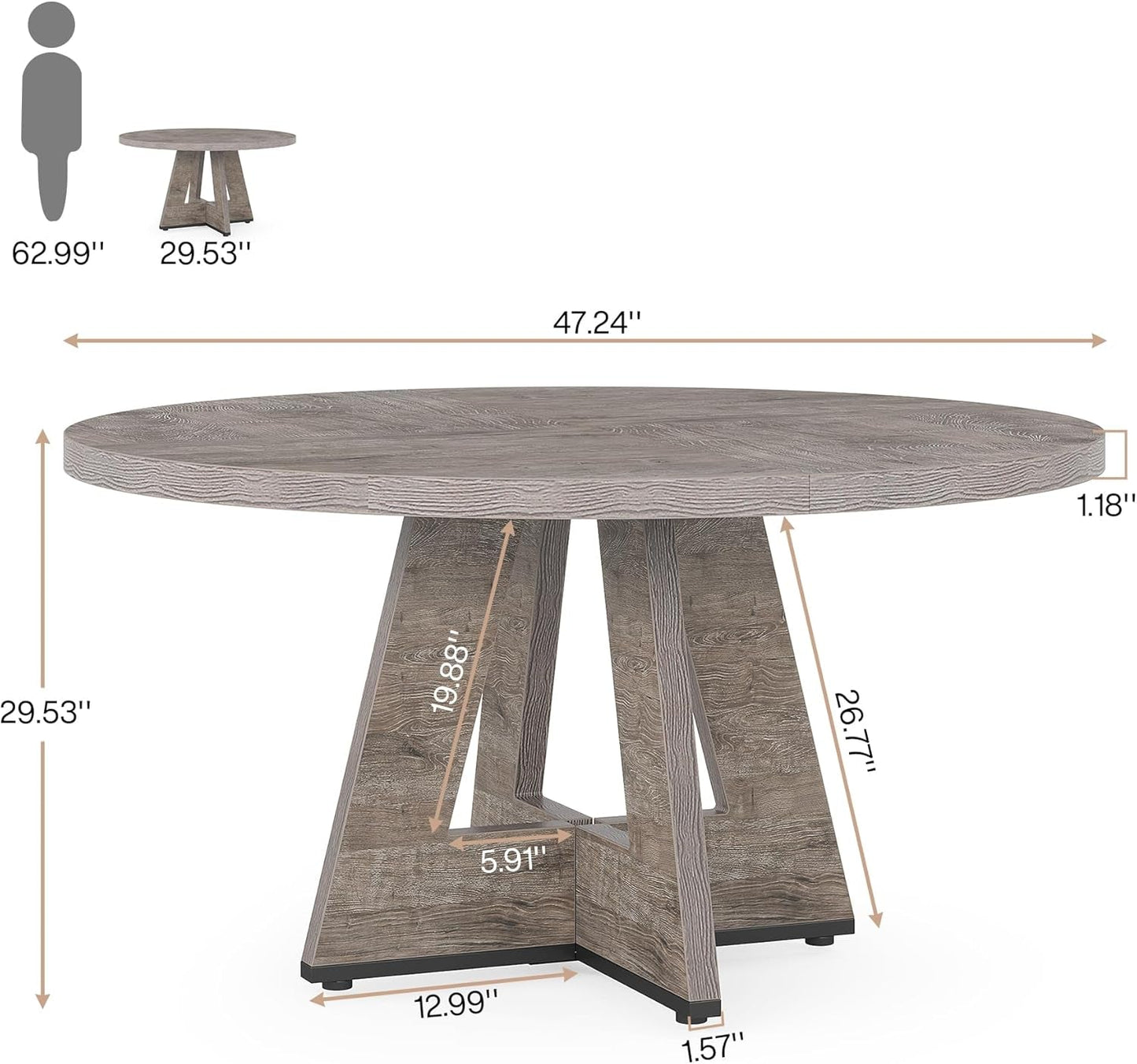 NEW 47 Inch Round Farmhouse Dining Table Grey For Four