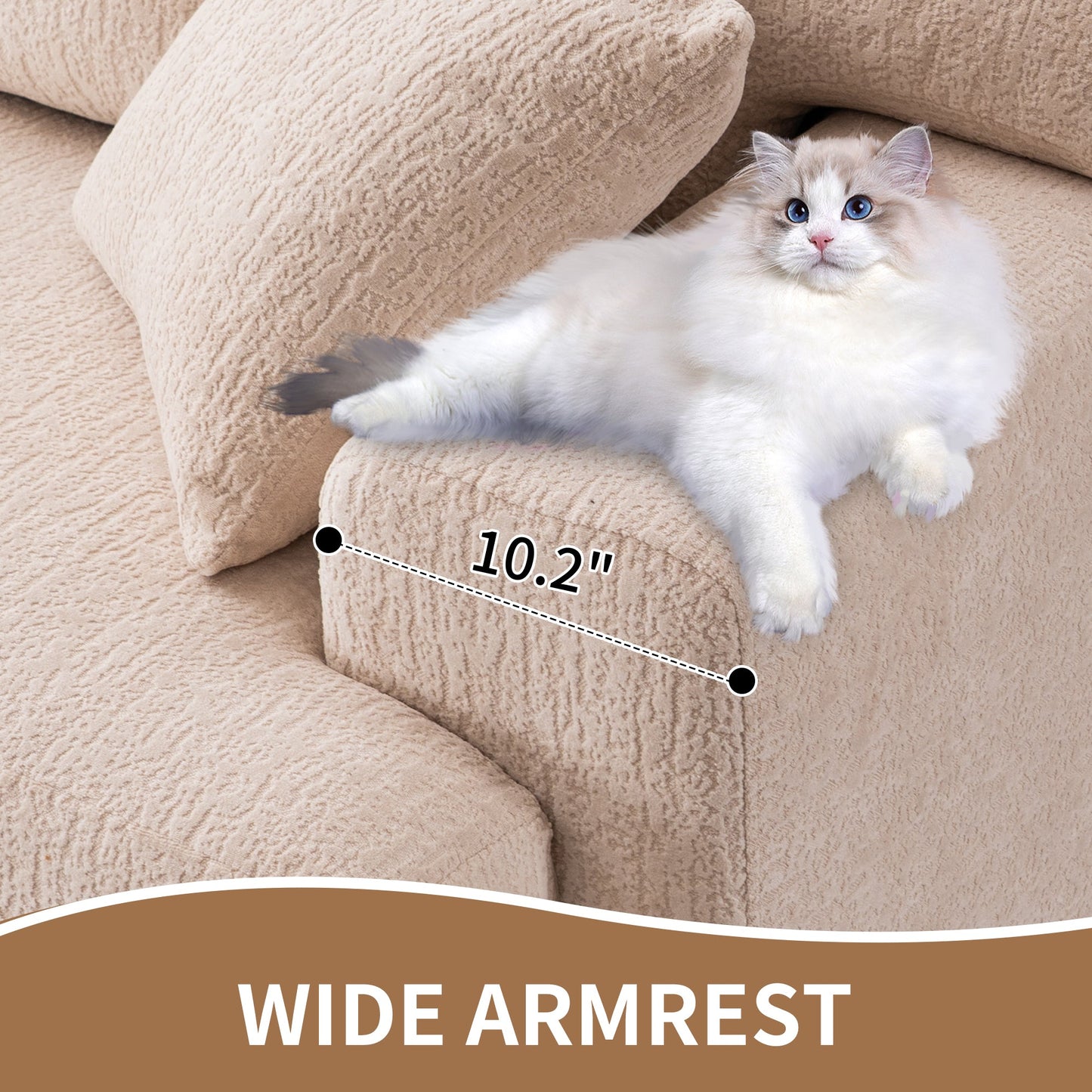 NEW LY-029 Apricot Compression Sofa 4-seater Wood Grain Chenille Fabric Couch with Two Pillows