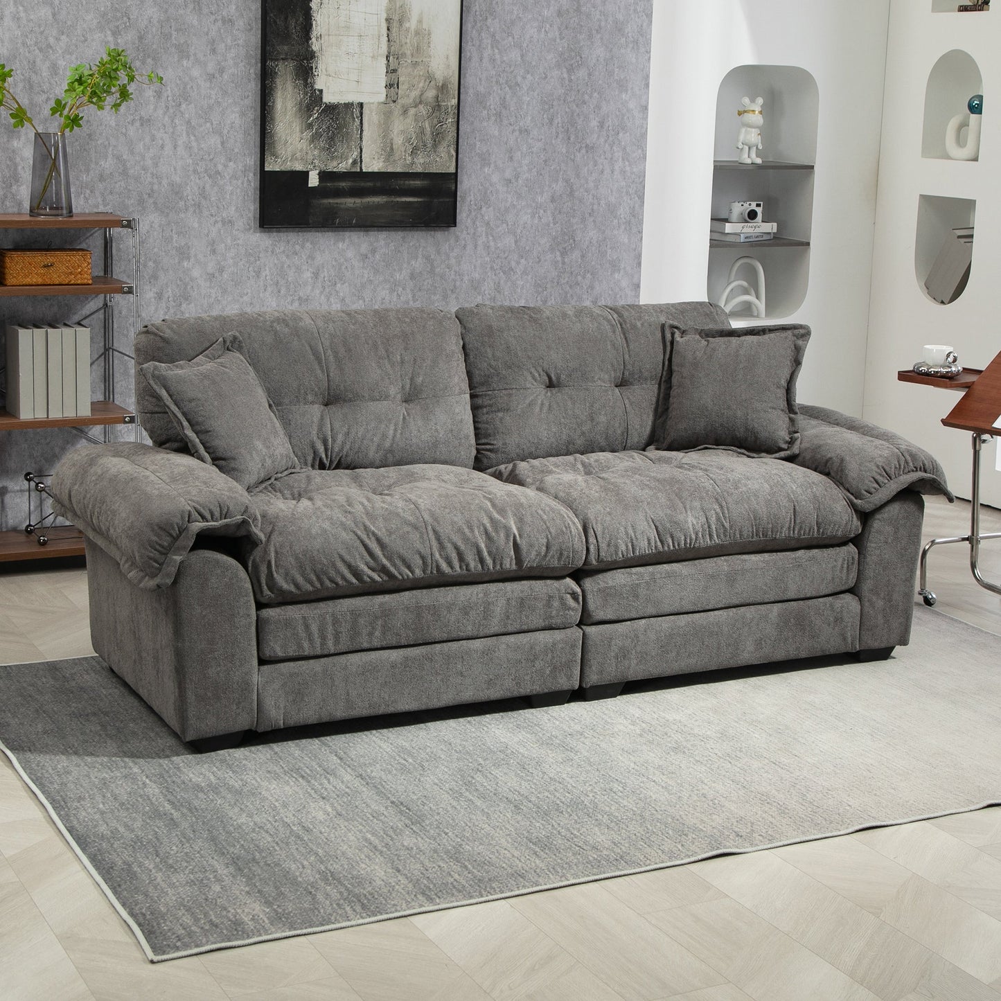 NEW 84' Grey Chenille Small Loveseat Deep Seat Sofa Couch with 2 Throw Pillows & Memory Foam
