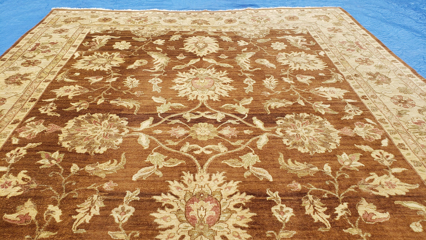USED Indo Persian Rug 10x14, Mahal Sultanabad Oriental Carpet, Burnt Orange & Beige, Handmade Wool Area Rug