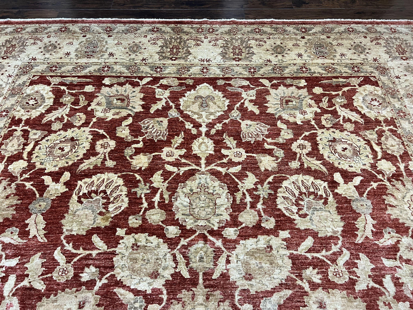 USED Pak Persian Rug 10x14, Sultanabad Mahal Peshawar Chobi Carpet, Large Vintage Wool Oriental Rug, Maroon & Beige, Floral Allover, Handmade