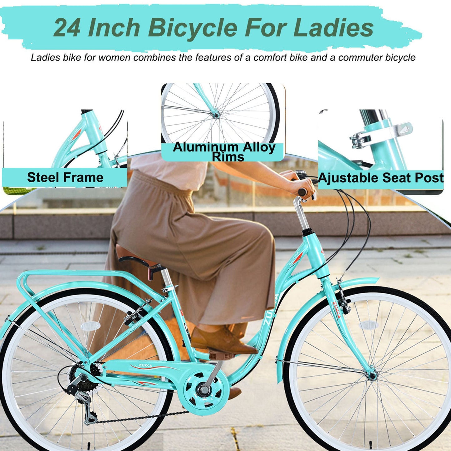 NEW 7 Speed, Steel Frame, Multiple Colors 24 Inch Ladies Bicycle