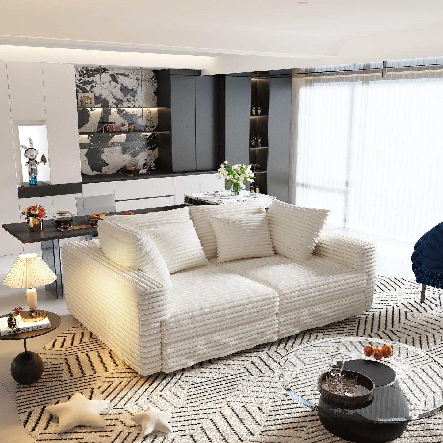 NEW 102.4' Plush Corduroy 4-Seat Beige Modern Comfy Upholstered Sofa Cloud Deep Seat Couch