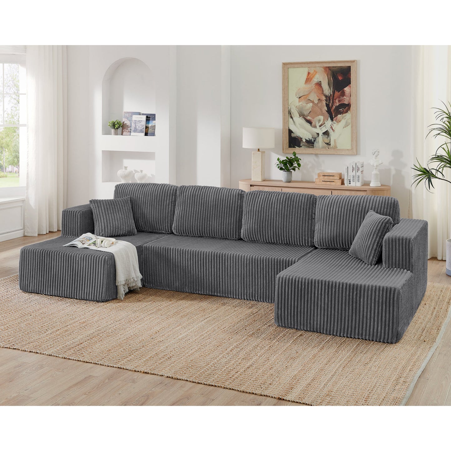 Modern Minimalist Style U Shape Modular Sectional Sofa Sleeper in Grey Corduroy