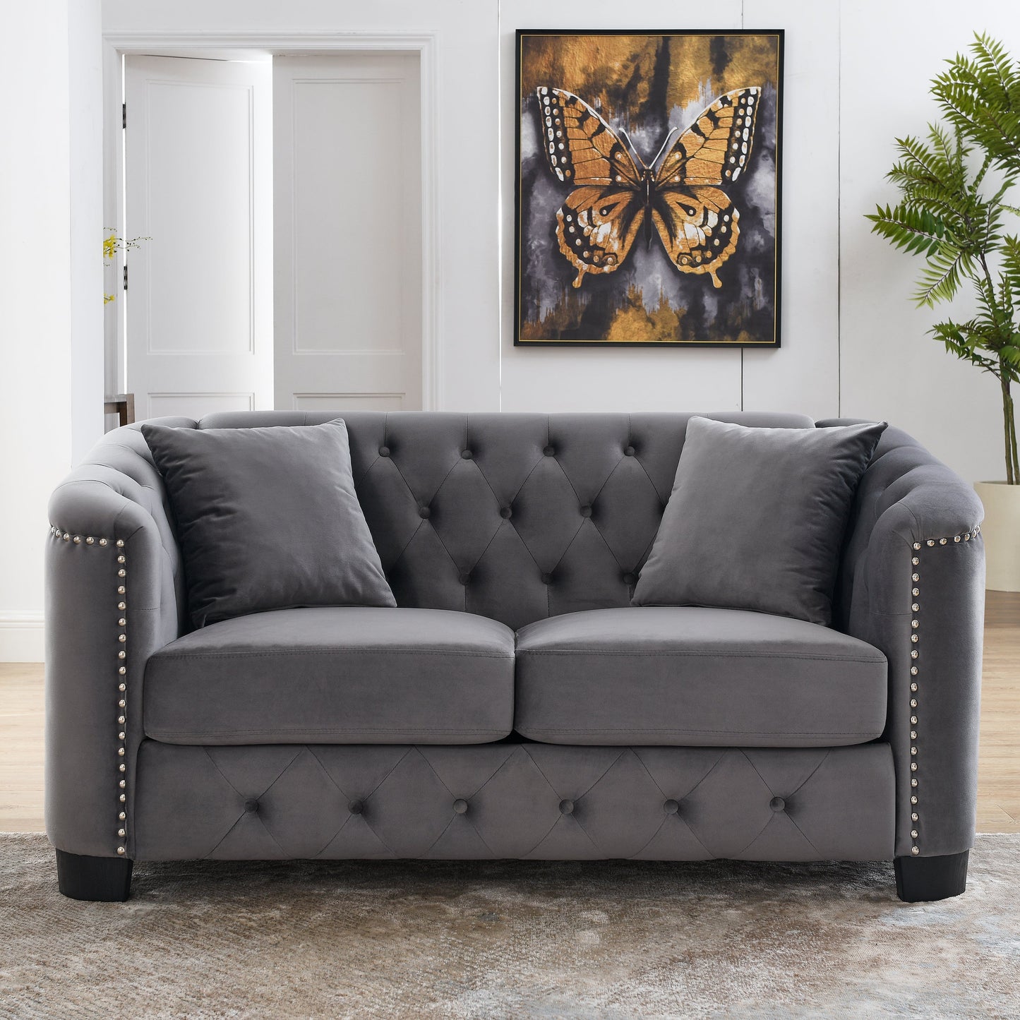 NEW Grey 59-Inch Modern Chesterfield Velvet Sofa 2-Seater Couch Upholstered Tufted Backrests with Nailhead Arms and 2 Cushions