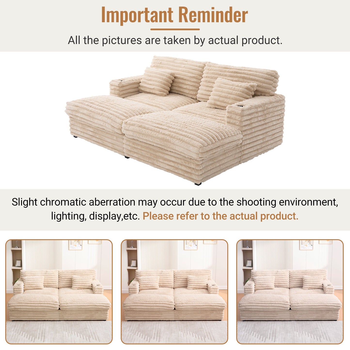 NEW Plush Champagne Faux Rabbit Fur Upholstered Oversized Double Chaise Lounge Sofa with USB Ports and Cup Holders