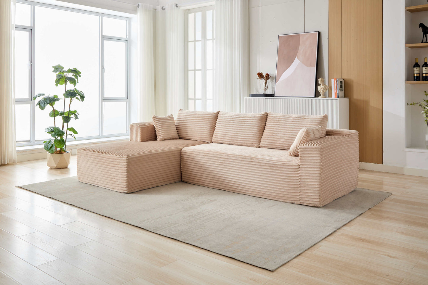 NEW Compression Sectional Couch with Comfy Chaise, Boneless L Shape Sofa with Deep Seat, Minimalist Modular Couches Sleeper for Living Room Bedroom Apartment Lounge,corduroy,Beige