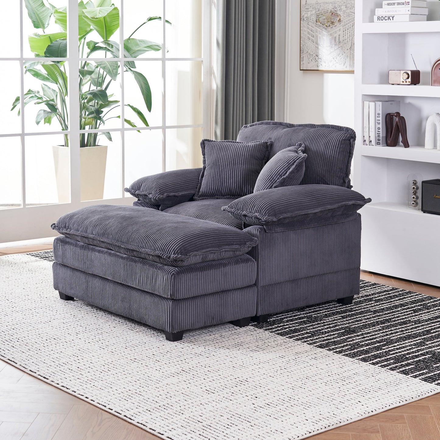 NEW 56.3 Inch Corduroy Single Comfy Deep Seat Couch Sofa with 2 Toss Pillows and Ottoman