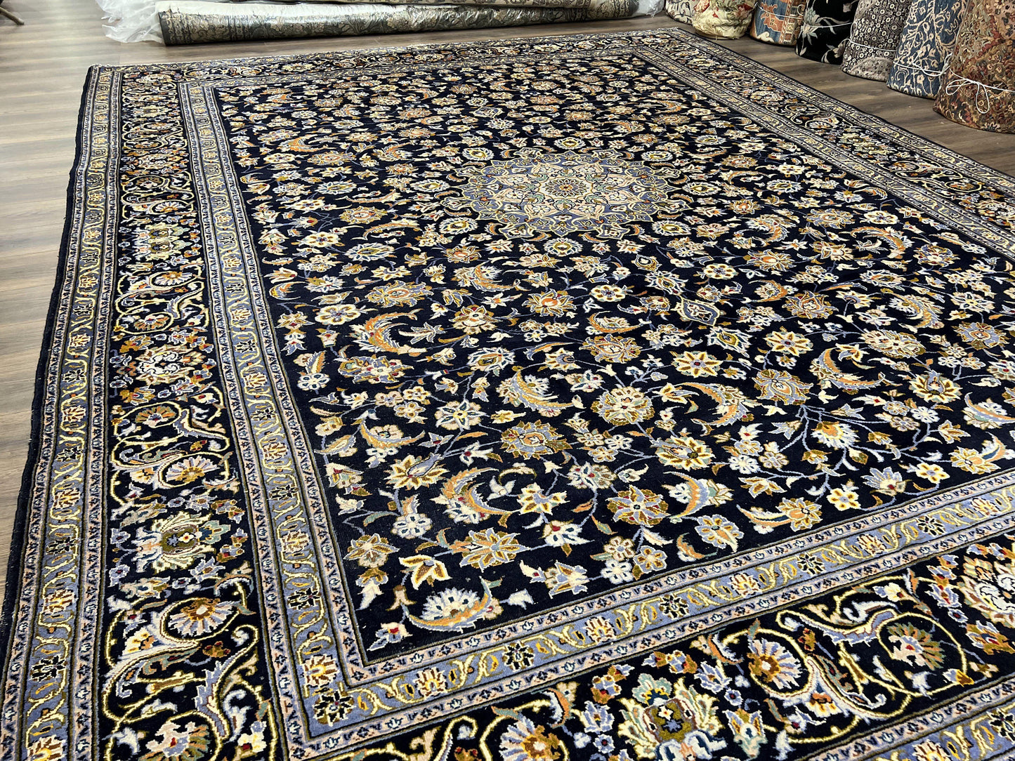 USED Wonderful Navy Blue Persian Kashan Rug 11x13, Allover Floral Design with Central Medallion, Wool Hand-Knotted Antique Carpet, Signed Rabani Rug