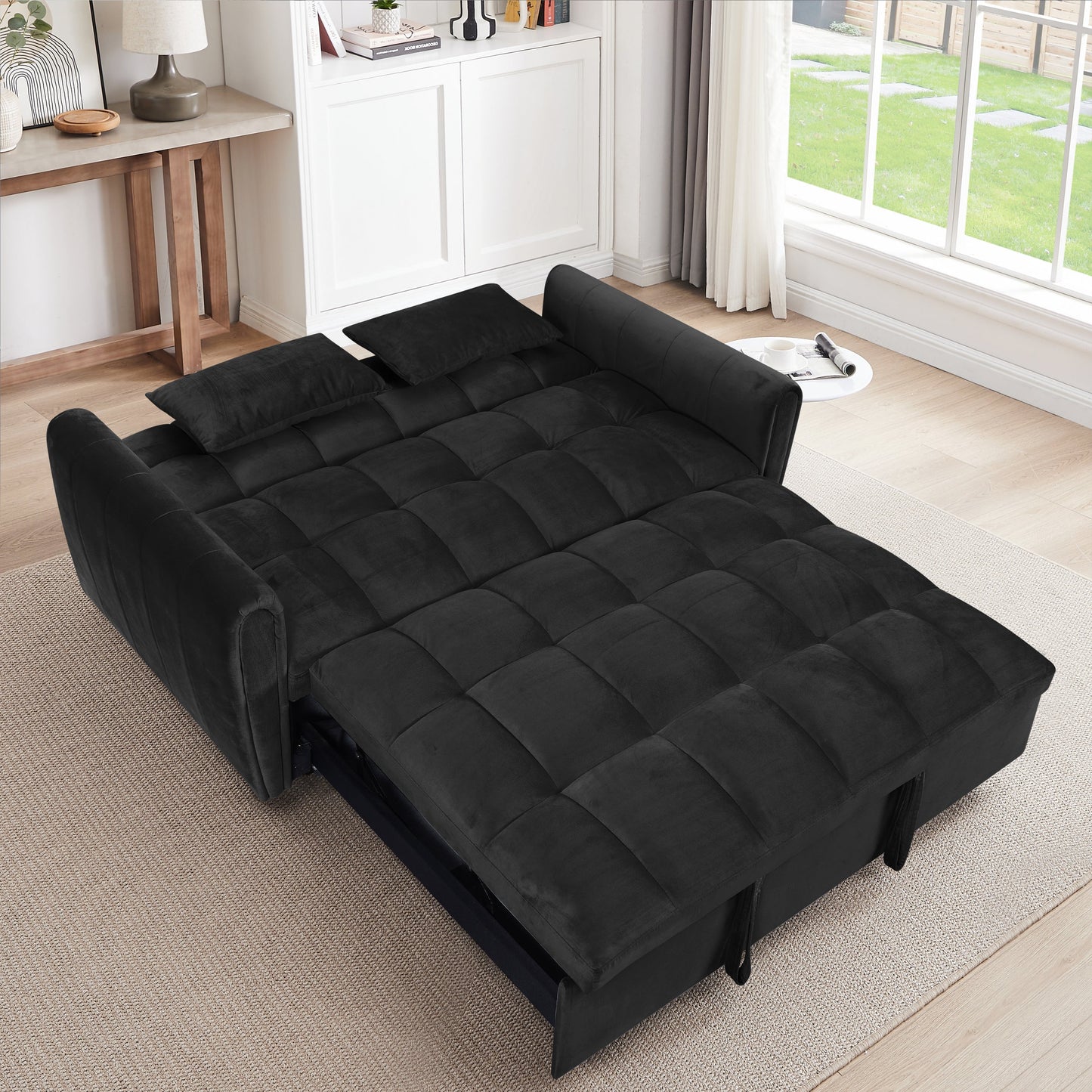 NEW 65 '3-in-1 foldable large size sofa bed, modern velvet double sofa, sofa bed with adjustable back, storage bag and pillow, suitable for living room, bedroom (biack)