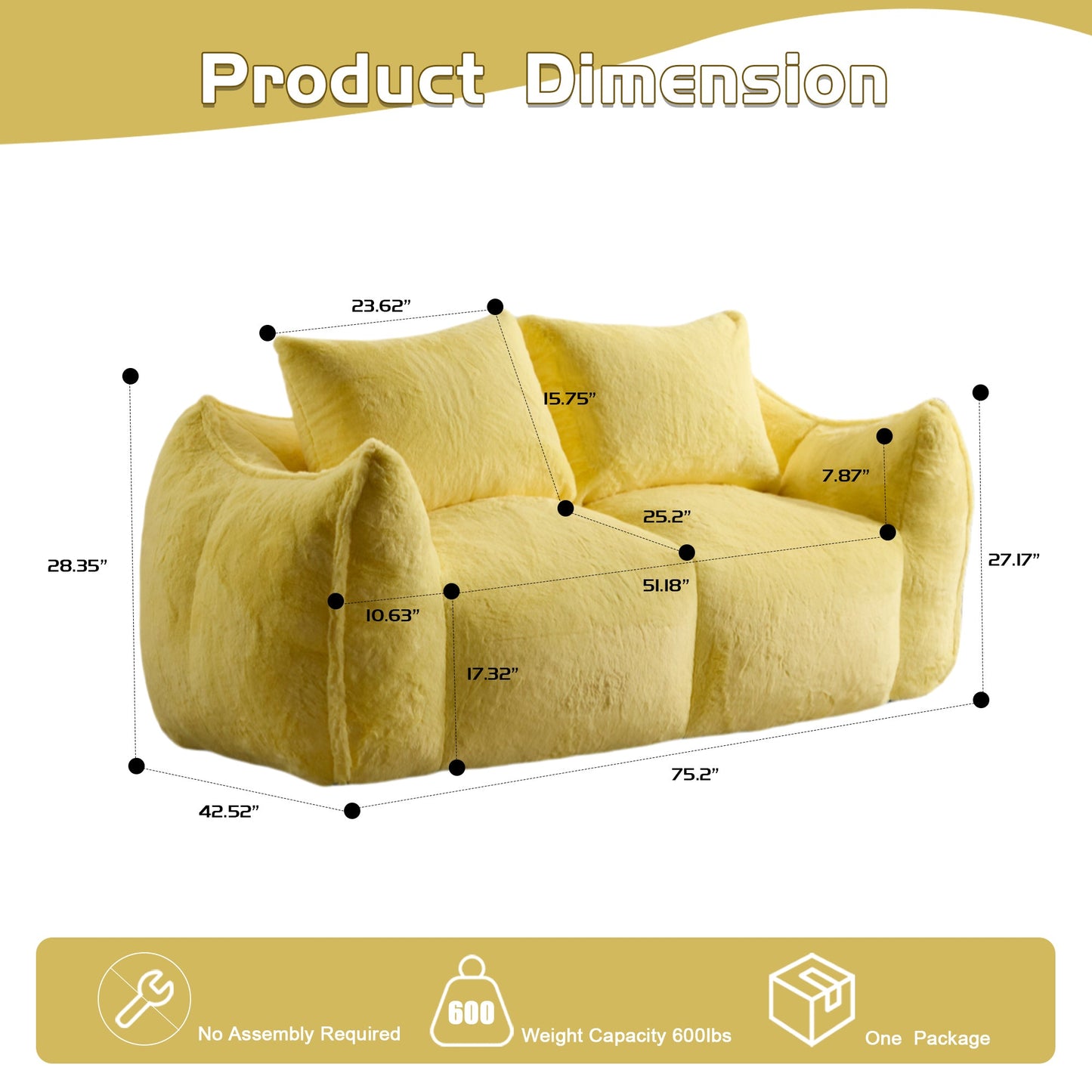 NEW Yellow Giant Bean Bag Couch Ultra Soft Fluffy Loveseat Bean Bag Sofa