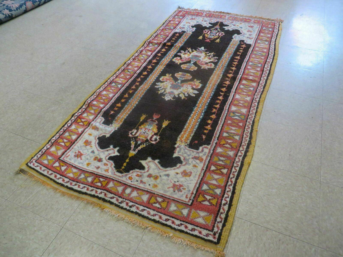 USED Antique Moroccan Runner Rug 3x7, Moroccan Prayer Rug, Double Mehrab Prayer Arches, Black and Red, Hand-Knotted Wool Carpet, Hallway Rug Nice