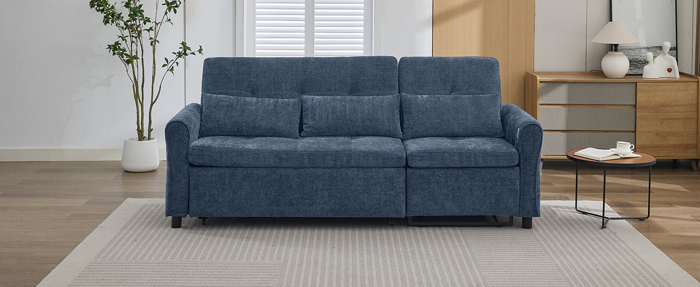 NEW 2-in-1 Sofa 82' Three-seater Sofa with Sofa Bed and Reversible Recliner, Blue Chenille