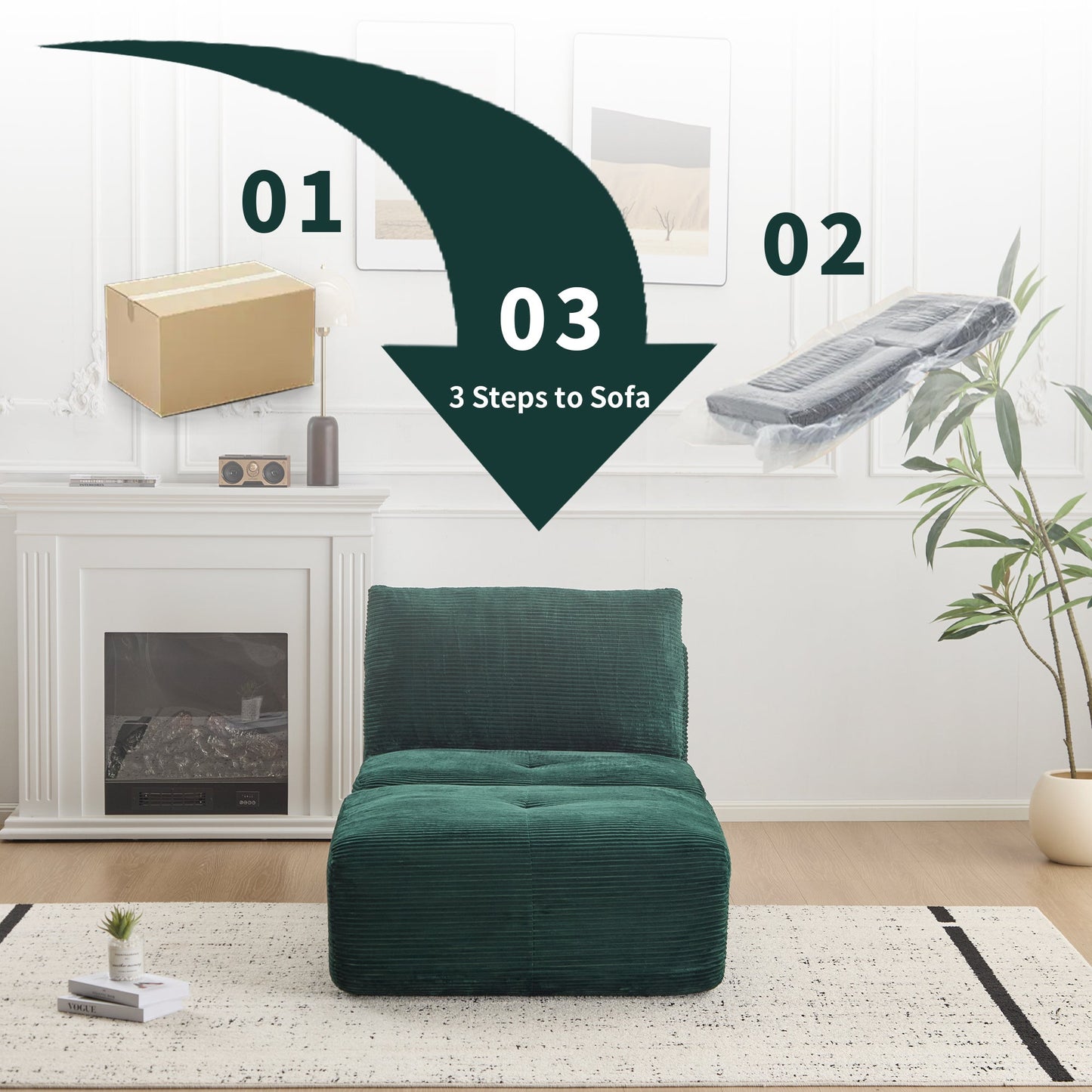 Modern Memory Foam Compressed Sofa,Single Chaise Longue for Living Room,Pet-Friendly Cloud Modular Sectional Sofa,Corduroy Fabric,Movable Ottoman,No assembly required,Green