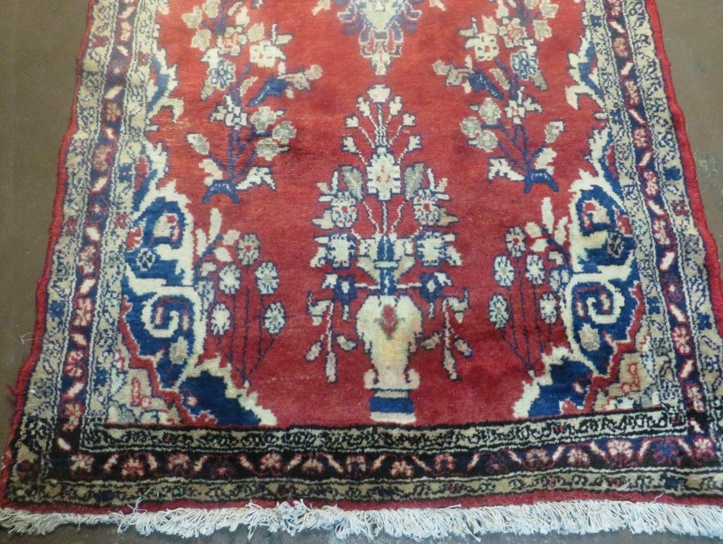 USED Persian Runner Rug 3 x 12, Antique Wool Oriental Runner, Floral Vases, Red & Navy Blue